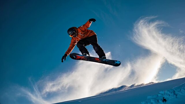 Energetic Snowboarder Jumping in Fresh Powder Snow Against Blue Sky