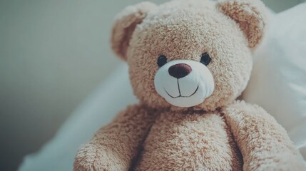Obraz premium Soft and Cozy Teddy Bear Sitting on a White Pillow in a Calm and Inviting Bedroom Setting, Capturing Warmth and Comfort for Children and Adults