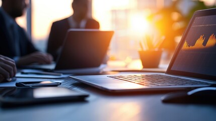Professional team collaborating with laptop on table in modern workspace environment