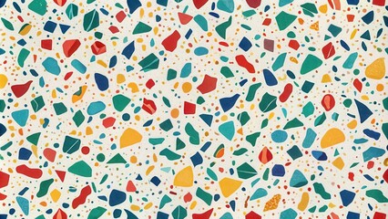 Abstract Colorful Terrazzo Design Featuring Irregularly Shaped Fragments in Vibrant Hues on a Neutral Background