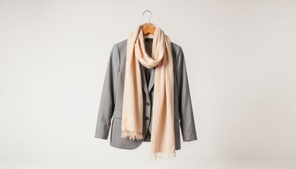 Brightly lit jacket with light scarf on hanger, stylish presentation