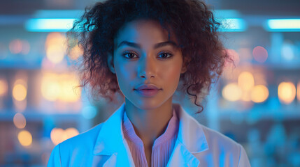 Obraz premium A charismatic female scientist with curly hair tied back, wearing a white lab coat over a pastel blouse