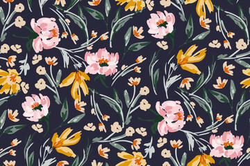 Abstract floral seamless pattern. Bright colors, gouache painting.hand drawn, not AI