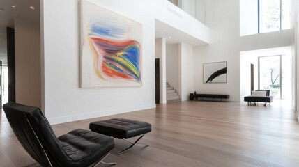 A large painting hangs on the wall of a spacious living room