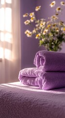 Soft purple towels stacked on a table with a vase of daisy flowers in a bright room