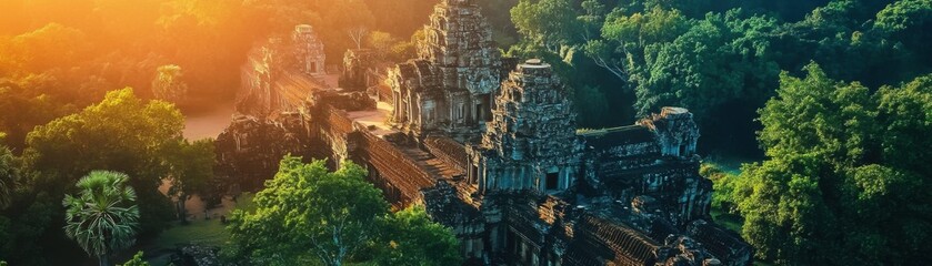 Fototapeta premium Ancient temples stand tall amidst lush green landscapes.