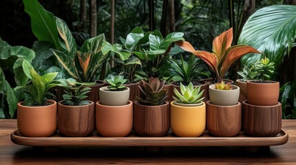 Obraz premium A Collection of Houseplants in Wooden Pots Arranged on a Wooden Tray