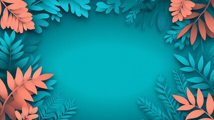 Obraz premium Teal and Coral Paper Leaves Frame Background