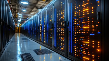 Fototapeta premium Illuminated Server Room: A Glimpse into the Digital Core