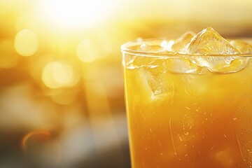 Refreshing iced drink in a glass with ice cubes, glowing sunset in the background, perfect for summer