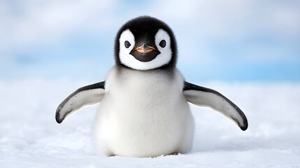 Fototapeta premium Cute Baby Penguin Standing on Snowy Ground with Fluffy Appearance