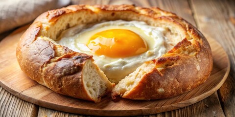 A delicious baked bread bowl filled with creamy cheese and a perfectly cooked sunny-side-up egg