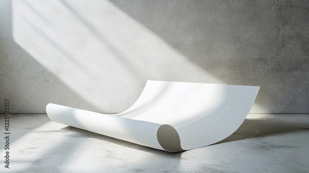 Poster blank white paper curled up on concrete floor with window light creating shadows