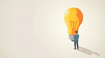 Person standing with a large light bulb symbolizing ideas and innovation against a plain background