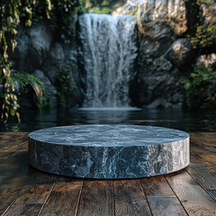 A stone podium with a waterfall in the background