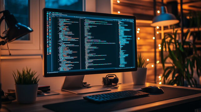 Screen with code lines on a desk in programmer office