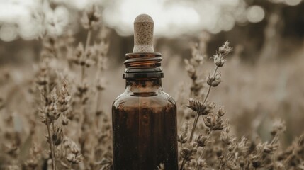 Amber bottle with cork stopper in lavender field.