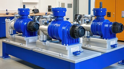 Two Blue Industrial Vacuum Pumps On A Metal Frame