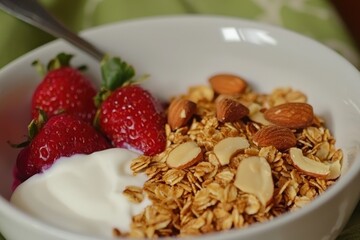 Fototapeta premium Granola with Nuts A bowl of granola mixed with roasted nuts, served with fresh berries and yogurt.