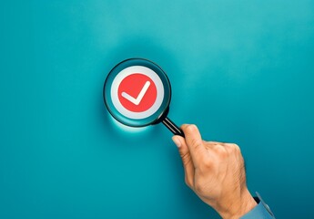 Hand Holding Magnifying Glass Focusing on Red Check Mark Symbol on Teal Background Represents Quality Control Inspection