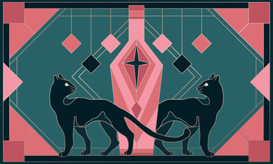 art deco illustration, wild cats, panthers, symmetrical illustration, bottle of alcohol, elegant lines	