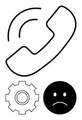 Phone handset with signal lines, gear for settings, and sad face emoticon highlight connection problems. Ideal for customer service, troubleshooting, tech issues, dissatisfaction, support