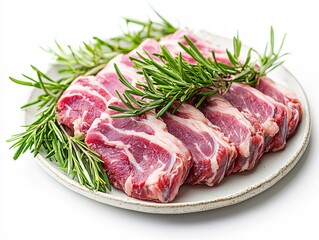 Fototapeta premium Fresh raw lamb chops on a plate with rosemary sprigs ready for cooking on a white background