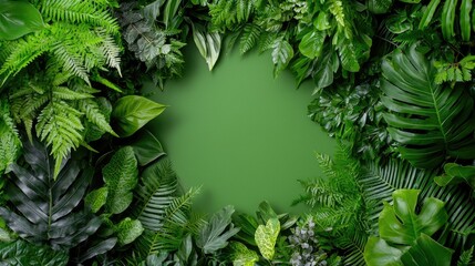 Lush green foliage frame, nature backdrop, empty space, tropical plants, design element