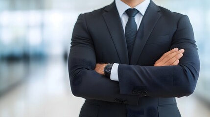 Confident Businessman in Formal Suit,Standing Arms Crossed in Modern Office with Blurred Background