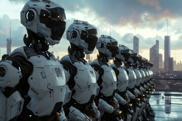 Futuristic police robot lineup in urban landscape at sunset