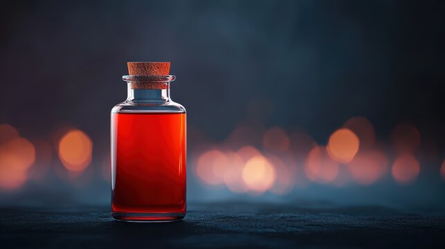 Bottle of red liquid next to a spooky potion bottle on a wooden surface with dark background