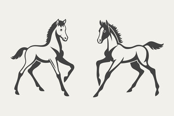 Two stylized horse illustrations in black and white, symmetrically positioned and facing each other. The design is minimalistic, with elegant lines emphasizing the horses' movement and grace