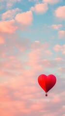 Fototapeta premium Floating in love: A red heart-shaped hot air balloon among pink clouds on vertical background with copy space .