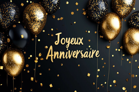 Golden  Joyeux Anniversaire french text  for celebrate an unforgettable birthday with golden balloons and festive confetti
