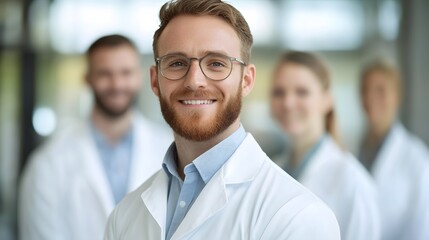 Obraz premium Diverse Group of Confident Medical Professionals in Lab Coats Smiling at in Laboratory