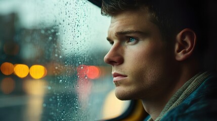 Thoughtful Young Man Staring Outside Car Window on Rainy Day