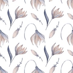 Fantasy flowers pattern for fabric design, beautiful plants wallpaper design, flowers print, floral seamless pattern, digital watercolor