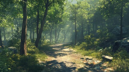 Obraz premium Sunlit Path Through Lush Green Summer Forest