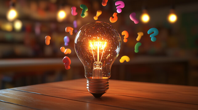 A glowing light bulb placed on a wooden table, surrounded by colorful shapes floating mid-air, with a softly blurred background.