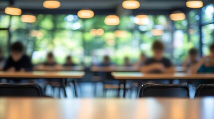 Blurred student cafeteria with bokeh. Students eat lunch. Campus life. University, college canteen.