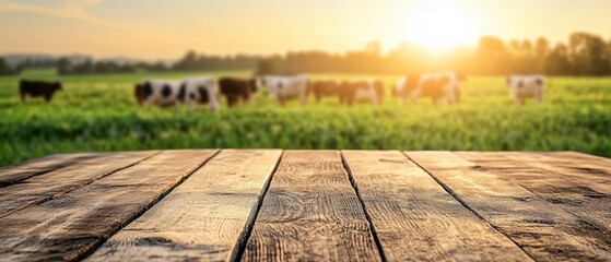 Wooden table foreground with cows grazing in a green field at sunset with golden light
