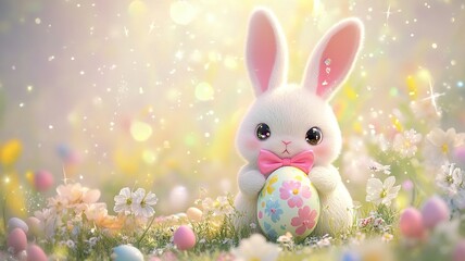 A vibrant kawaii Easter illustration featuring a cute bunny and colorful eggs perfect for festive and cheerful designs.

