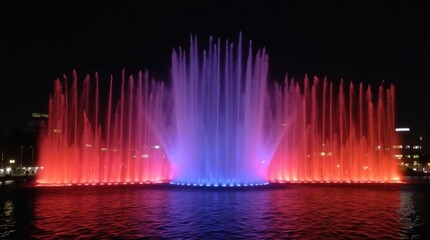 A bright fountain with colored lighting against the dark night sky.
