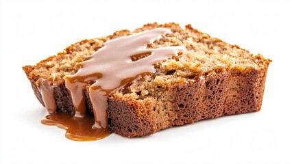 Caramel sauce dripping off the edge of a slice of banana bread, isolated on a clean white background