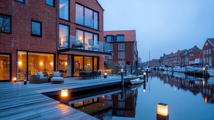 Fototapeta premium Modern waterfront home at dusk, canal view, outdoor patio