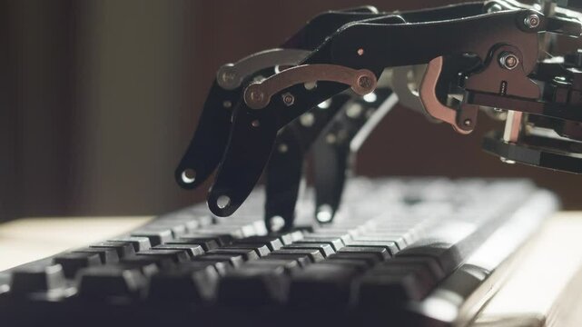 Robot ai hand working on pc laptop, Chatbot and chat robot advisor. Futuristic ai hand typing on keyboard, pressing buttons, office work, enterprise helper.