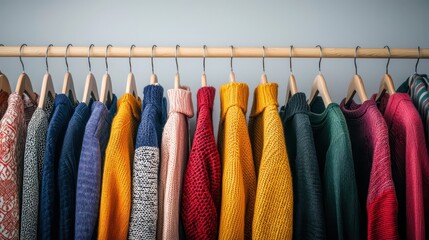 A colorful display of cozy sweaters hanging on wooden hangers against a light wall, showcasing a variety of textures and patterns.