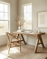 Bohemian home office with wooden desk and natural textures in modern space
