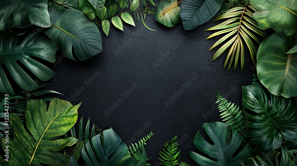 Poster tropical green leaves creating a frame on black background