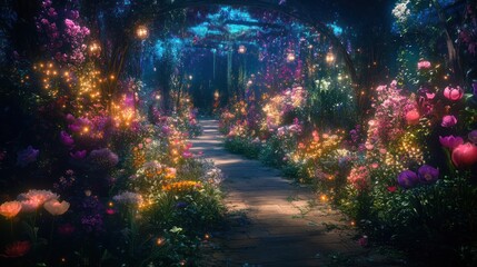 Flower archway path glows at night in garden, ideal for magical, romantic designs